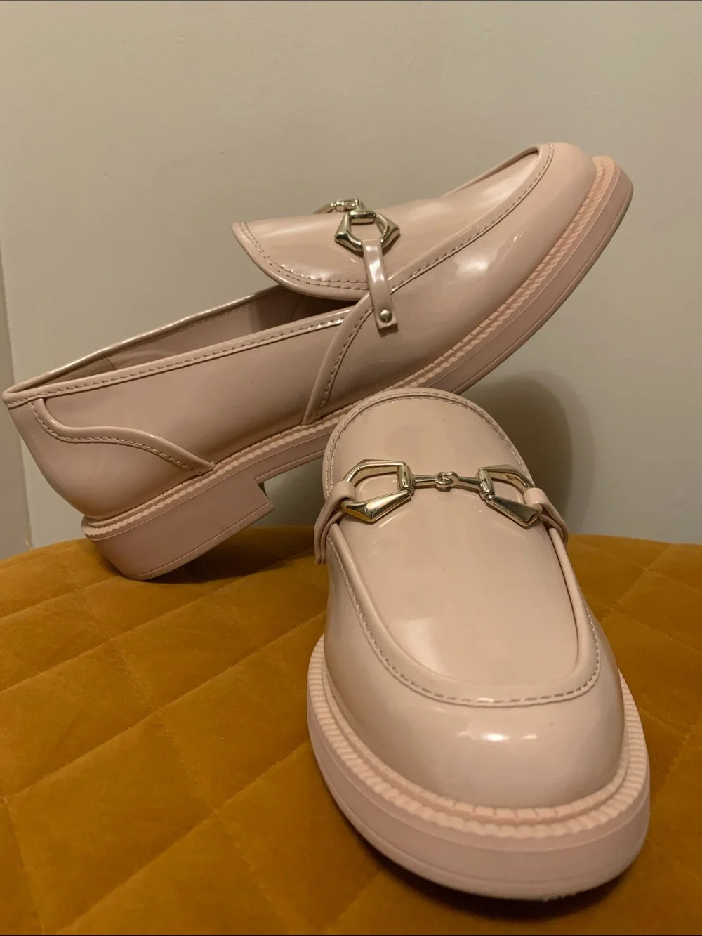 Vince Camuto Blush Patent Loafers with Gold Horsebit